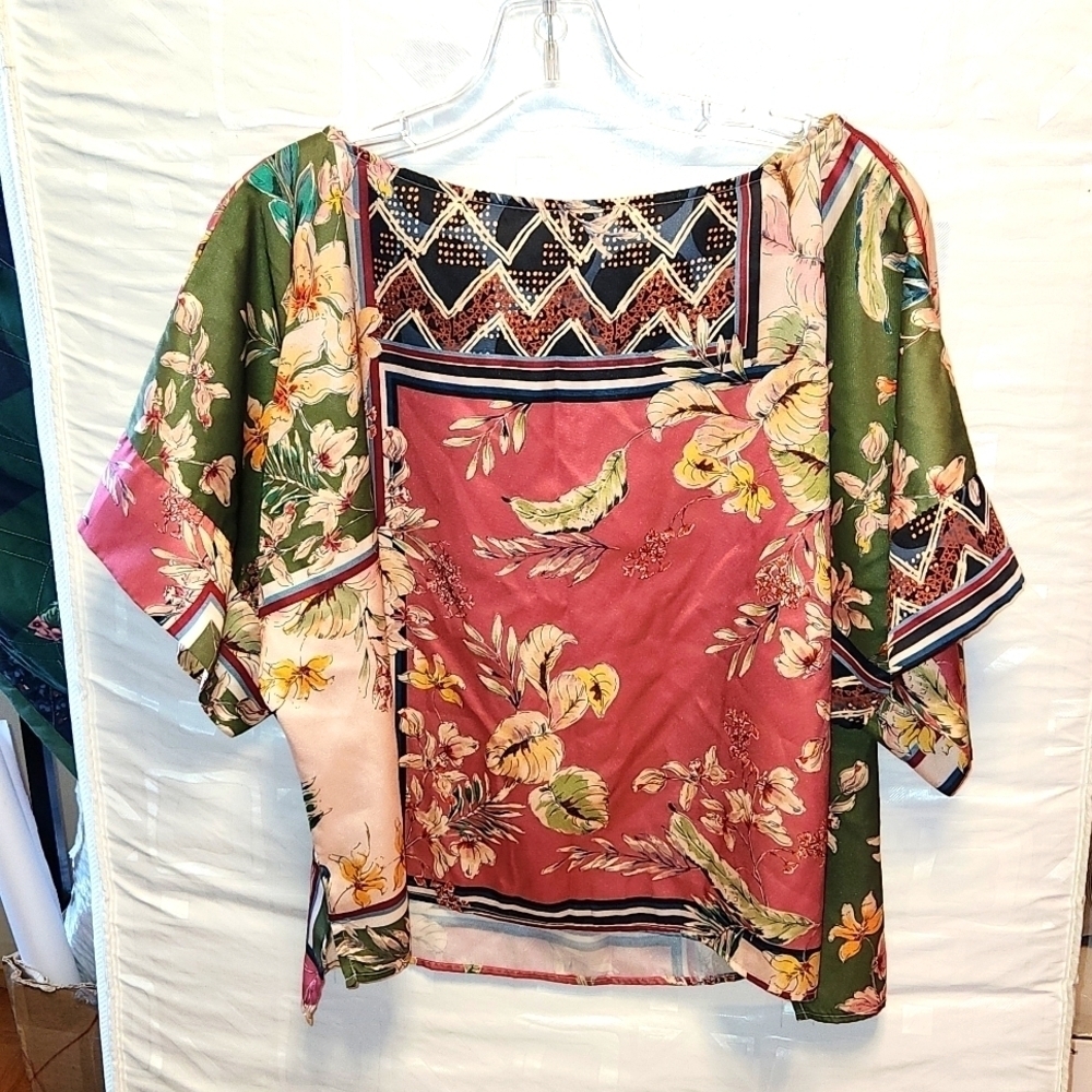 Zara Basic Patchwork Print Boat Neck Short Sleeve… - image 1